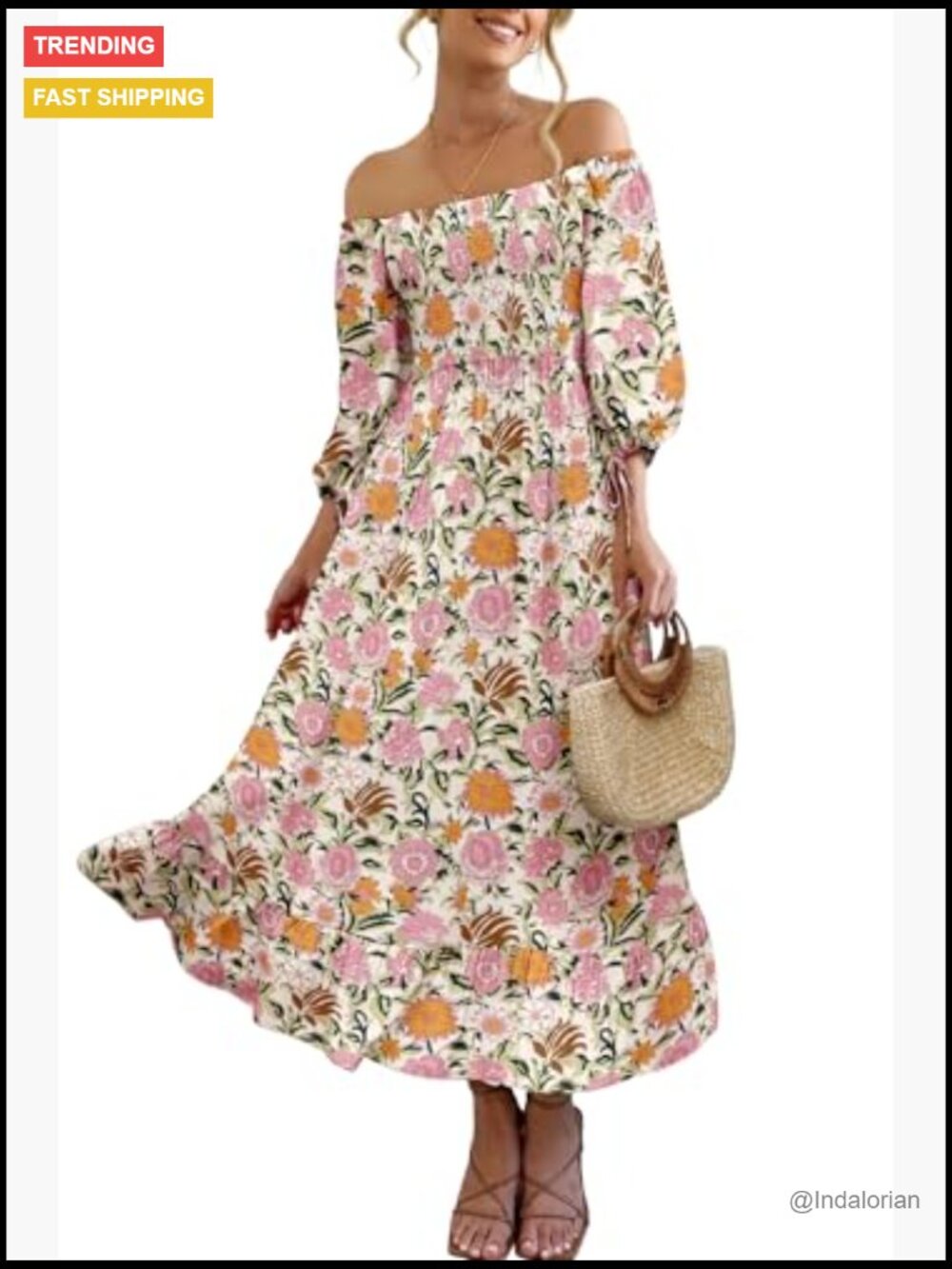 Puff Sleeve Square Neck Smocked A-Line Maxi Dress with Pockets - Picture 2 of 7